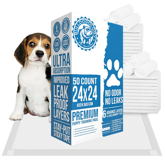 Dog Puppy Pads (24x24) Large Pee Pads for Dogs - 6 Layer Pet Training Pads Super Absorbent Puppy Pads with Adhesive Tabs Bullsorbent Tech for Small Dogs to Large Dog (50-Count White)